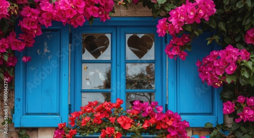 Blue window with heart cutouts decorated by vibrant bougainvillea flowers