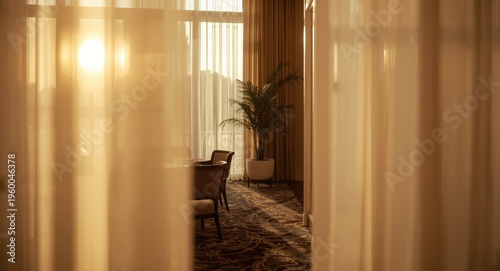 Glowing hotel atrium with selective focus on chairs and curtain details