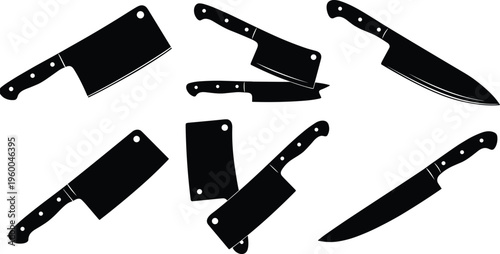 Kitchen knife silhouette set, chef cleaver vector, culinary tool graphic, black blade illustration, cooking equipment design, food prep concept