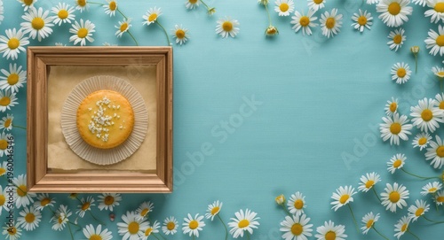 Framed parchment biscuit with chamomile blossoms placed on a turquoise tablecloth decorated with daisies