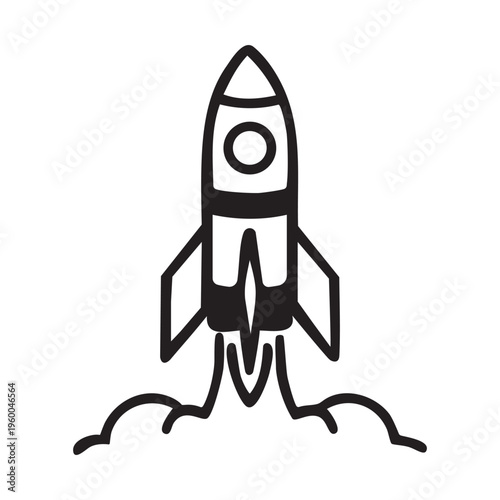 A stylized black and white rocket illustration taking off with visible flames at the base Vector