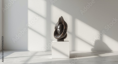Sculpture abstract design on pedestal in minimalist interior environment with dynamic shadows and lighting copy space