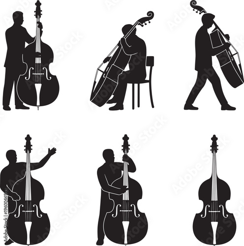 musicians playing double bass in various poses Silhouettes art