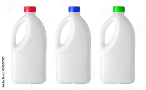 White plastic milk jugs with colorful caps