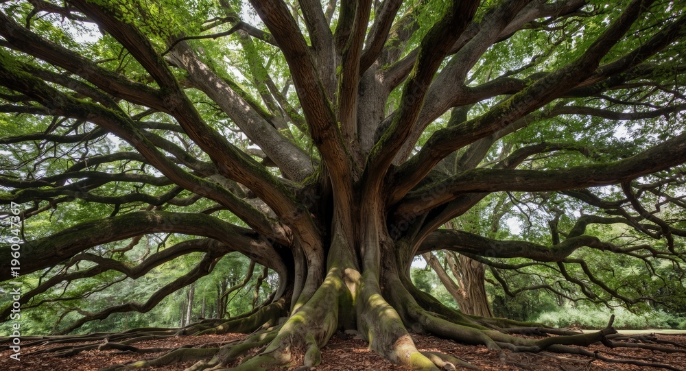 Fototapeta premium A large tree with a complex network of branches and roots extending outward