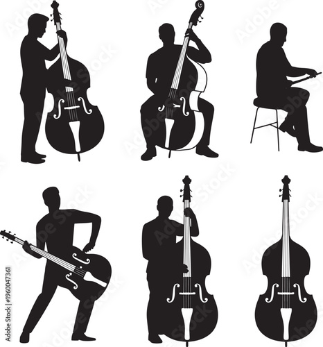 Musicians playing various stringed instruments silhouettes