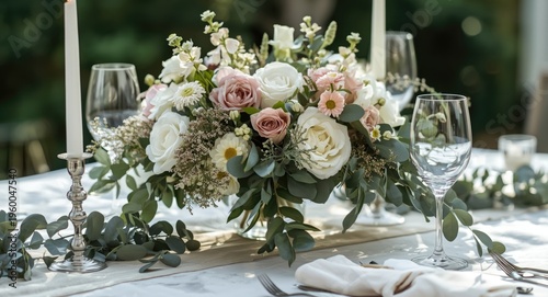 Floral centerpiece and gentle leaves on white table enhancing summer dining experience