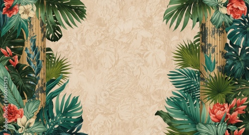 Photo wallpaper design combining exotic tropical plants with floral patterned backdrop entwined through column art