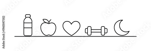Simple healthy routine and daily wellness balance for maintaining energy levels and supporting long term physical wellbeing, water bottle, apple, heart, dumbbell, and moon, balance