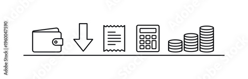 Expense control and cost optimization for improving financial efficiency and reducing unnecessary spending in everyday life or business, wallet, downward arrow, receipt, calculator