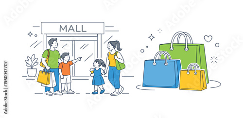 A family spending time together shopping and enjoying retail experiences in a commercial indoor space, illustrated through a mall entrance paired with simple shopping bags as a