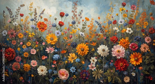 Expressive oil canvas showcasing a colorful flower garden flourishing fully