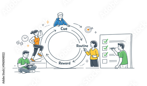 A habit building and routine optimization scene showing individuals improving daily structure and consistency together around a large circular habit loop and a simple checklist