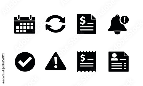 Billing cycle management: billing calendar, recurring arrows, invoice document, due reminder bell, payment confirmation, overdue alert, receipt paper, account statement