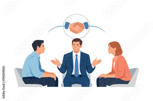 Professional mediation and negotiation concept illustrating a facilitator guiding individuals toward agreement and cooperation in a business setting, with a character positioned