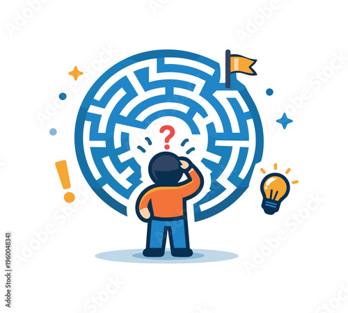 Problem-solving challenge and unclear situation highlighting the struggle to find answers or direction in business or personal contexts, a maze icon combined with a small human