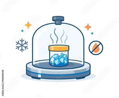 Freeze drying sublimation process for long term preservation of sensitive materials in laboratory and food technology applications, a small sample container with ice crystals