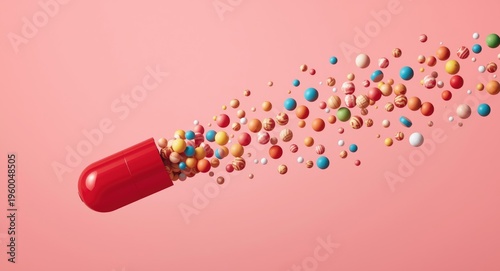 Capsule ejecting assorted colorful balls and food particles on soft pink background