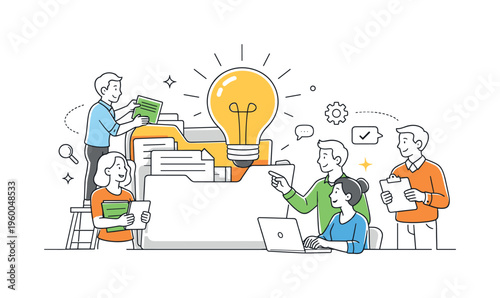 A team knowledge base and documentation management scene showing employees organizing and accessing information together around a large open folder and a simple lightbulb, using