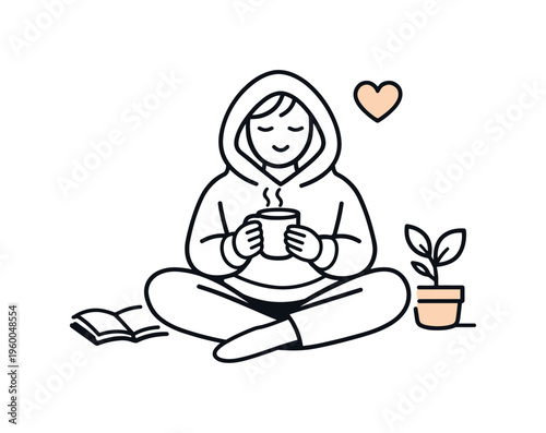 Comfortable everyday leisure and enjoying gentle restorative moments during personal free time at home, a minimal warm hoodie combined with a small heart icon symbolizing coziness