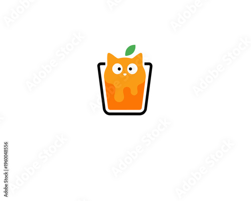 Creative flat logo design of a cat shaped juice glass with a green leaf, "Fresh Cat Juice" concept illustration isolated on white.
