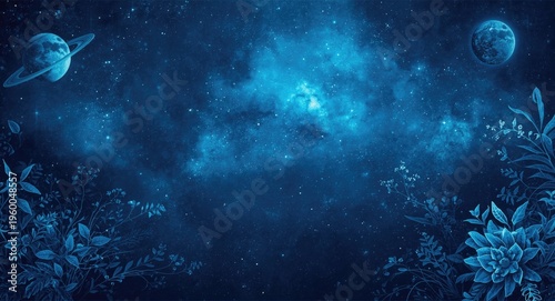 Expansive deep blue cosmic background highlighted by stars planets and botanical elements