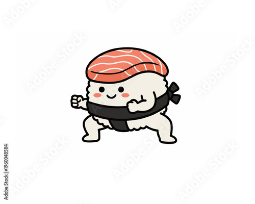 Funny cartoon sushi nigiri character as a chubby sumo wrestler, adorable kawaii salmon sushi rikishi performing a traditional shiko leg stomp, flat vector illustration isolated on white background.