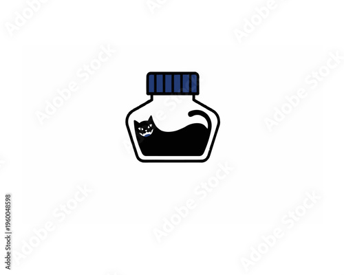 Minimalist and mysterious illustration of a glass ink jar filled with dark liquid, featuring glowing yellow cat eyes peering out from the shadows in a spooky style.