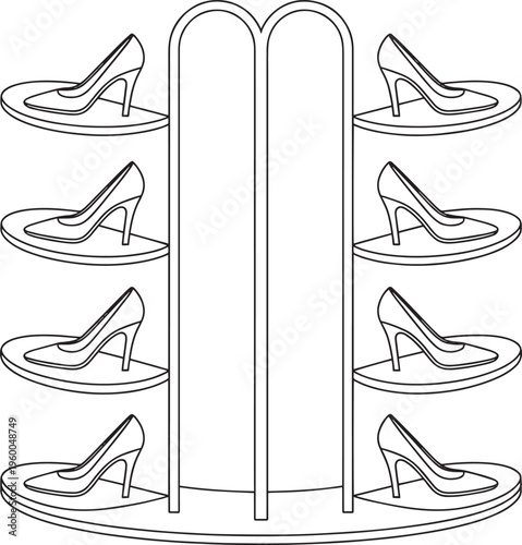 symmetrical arrangement of high heels on a rotating shoe rack