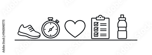 Daily movement and simple activity tracking for maintaining consistent physical exercise and supporting healthy lifestyle habits, sneaker, stopwatch, heart, checklist sheet, and