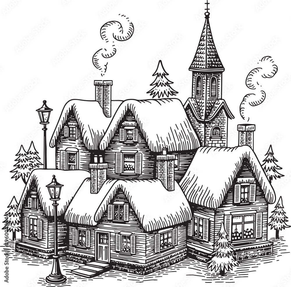 Fototapeta premium vintage snow covered house with church tower and street lamps