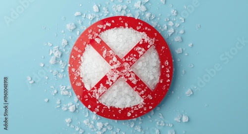 Avoiding salt to reduce blood pressure risks illustrated by scattered sea salt and a prohibitive X sign