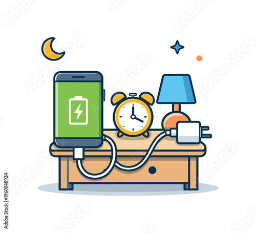 Charging devices overnight shaped by modern cultural habits of preparing technology for the next day, a smartphone paired with a charging cable and a small nightstand element