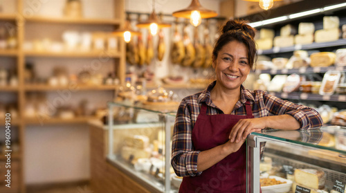 Wallpaper Mural Smiling female shopkeeper wearing a plaid shirt and apron standing behind a deli counter in a gourmet cheese shop Torontodigital.ca