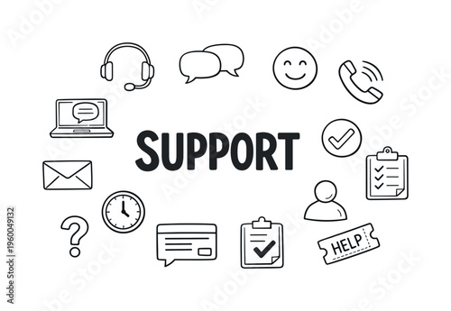 Customer service and support experience concept focused on helping clients, resolving issues, and maintaining satisfaction across communication channels. SUPPORT title with
