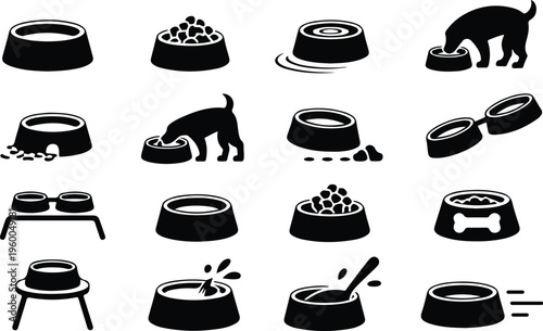 Dog Bowl Silhouette Icon Collection Set