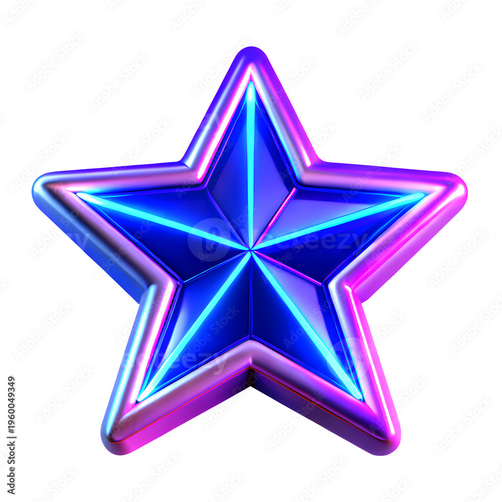 Obraz premium 3D metallic blue star icon with glowing neon outlines on transparent background