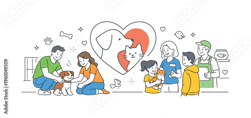 Families and individuals choosing companion animals and learning about pet care in a supportive adoption environment, symbolized by a heart combined with a small dog or cat