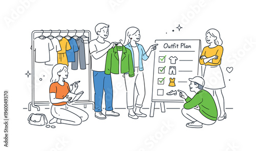 A personal organization and everyday lifestyle scene representing wardrobe styling as a tool for simplifying daily choices, where a small group plans outfits efficiently around two