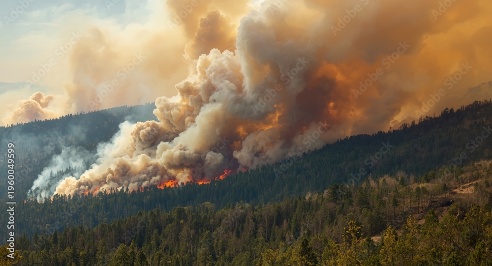 Fototapeta premium A dense smoke plume towers over a wildfire spreading swiftly through woodland on a blazing summer afternoon