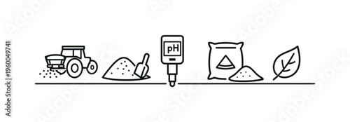Agricultural lime application and soil pH correction for improved crop conditions and nutrient availability in farming operations, lime spreader, soil surface, pH meter, bag of
