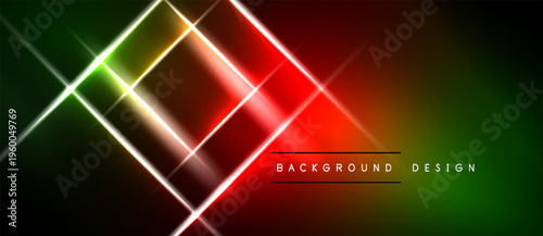 Abstract neon lines create dynamic geometric shapes. Vibrant red, green gradients dominate dark background. Modern design element.