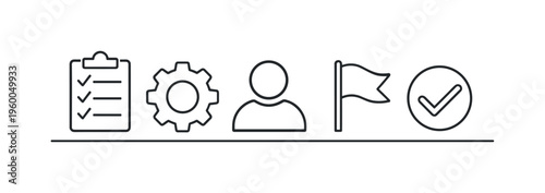 Simple onboarding checklist and initial setup process for helping new users quickly understand and start using a service efficiently, checklist sheet, gear, user profile icon, flag