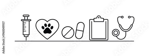 Veterinary care and pet health management representing medical attention, preventive treatment, and monitoring for safe and healthy animal lives, syringe, heart with paw, pill