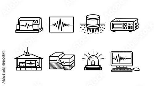 Seismology monitoring equipment: seismograph device, earthquake wave graph, ground sensor, data logger, seismic station, fault line diagram, alert siren, monitoring computer