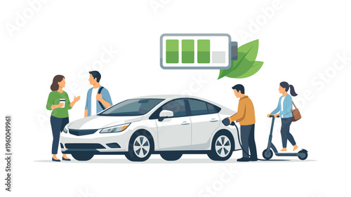 Eco-friendly transportation and efficient urban mobility in a modern lifestyle context, represented by a hybrid car combined with a simple battery icon and a subtle leaf element