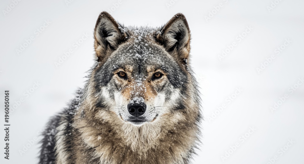 Fototapeta premium Gray wolf's head dusted with snow captured against a simple white winter backdrop