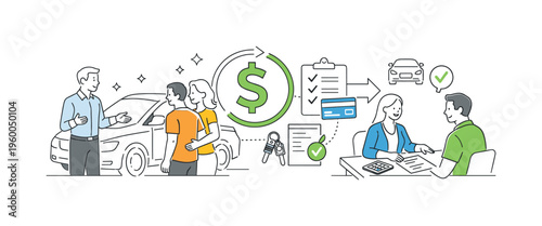 A dealership and financing context where customers explore options and complete the process of buying a car with guidance and clear information, represented by a small group