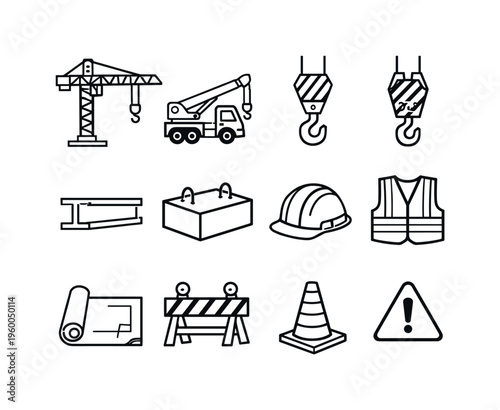 Construction crane set: tower crane, mobile crane, crane hook, pulley block, steel beam, concrete block, hard hat, safety vest, blueprint, construction barrier, traffic cone