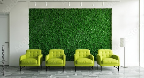 Minimalist space with lime green chairs contrasted by a bright green feature wall